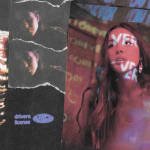 To the right shows two copies of the same ripped photo of Olivia Rodrigo. The left shows a Olivia Rodrigo looking to her right, illuminated in red with letters VER in the word DRIVER across her face.